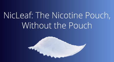A white Nicleaf with a blue to light blue gradient background and header text above stating 'NicLEaf: The Nicotine Pouch Without A Pouch'