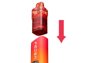 Feoba Nova 6k device with red arrow denoting installation of pod to battery