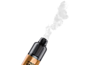 Feoba kit with vape expelled from the mouthpiece, on a white background. 