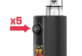 Arc GT2 battery with arrow showing five button presses powers on the device on a white background
