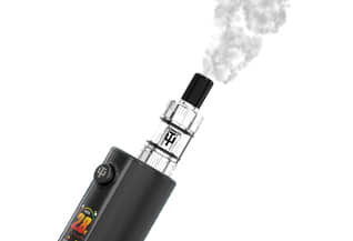 Arc GT2 kit blowing vape out of the mouthpiece on a white background