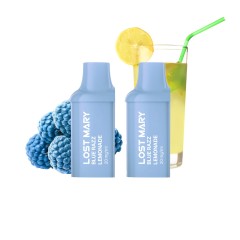 Lost Mary BM600 Blue Razz Lemonade pods surrounded by ingredients on a white background