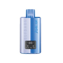 Elfbar Dual 10K in a blue and dark blue design, featuring a blue mouthpiece, a front slider for flavour adjustment, and an LCD screen for monitoring battery levels.