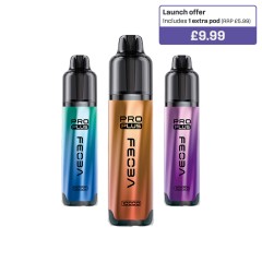 Three Feoba Pro Plus 10K Prefilled Pod Kits - on a white background with square in the top left with writing Launch offer Includes 1 exra pods(RRP £5.99) with a purple border with £9.99 in white writing on a purple section.