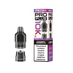 Feoba Pro Plus 10k Pod - Strawberry Raspberry Ice next to box on a white background