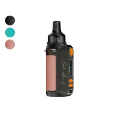 The elegant Eleaf iSOLO AIR 3 vape kit in a soft Sakura Pink colour, showcasing its ergonomic shape and the contrast between the body and the dark pod. Three colour tiles to the top-left of the device indicating the colours available. Black, Blue and Saku