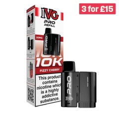 An image of the IVG Pro Pods with the box to the left. A 3 for &pound;15 image appears at the top of the image advertising multibuy.