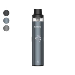 A blue Lumina vape pod kit. The device has a black mouthpiece, a clear pod, and a small screen displaying the current wattage, which is set to 20.0W. To the left of the kit is three color options: black, grey, and blue. 