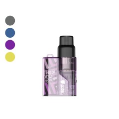A short, box-style Flex Pro Box Pre-filled disposable vape with a white and purple patterned finish, shown with a colour chart.