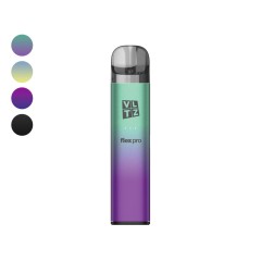 A tall, slim, purple-to-teal gradient Flex Pro Bar Refillable vape device, with a colour chart showing four options.