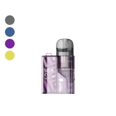 A square, refillable Flex Pro Box device in a purple, patterned finish, shown with a colour chart.
