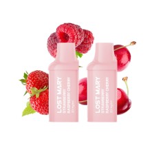 Lost Mary BM600 Strawberry Raspberry Cherry pods surrounded by ingredients on a white background