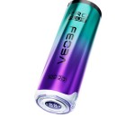Feoba battery tilted, displaying an LCD informational screen on the base, on a white background