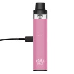 Switz Pro refillable kit in pink, charging with USB-C cable, on a white background