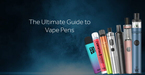 Row of assorted vape pens against a smoky blue background