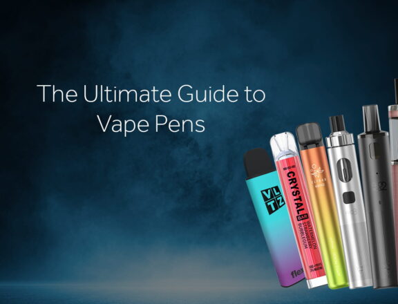 Row of assorted vape pens against a smoky blue background
