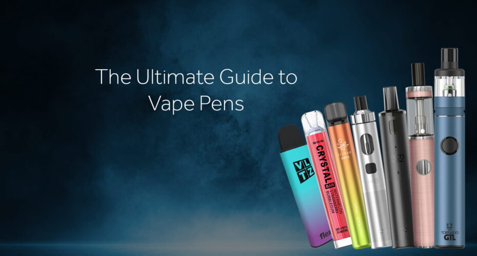 Row of assorted vape pens against a smoky blue background