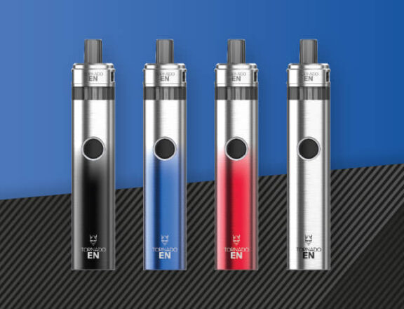 Four Tornado EN Vape Kits in a row: black, blue, red, and silver.