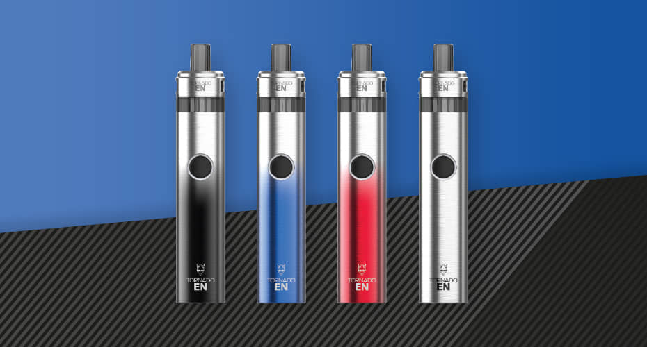 Four Tornado EN Vape Kits in a row: black, blue, red, and silver.