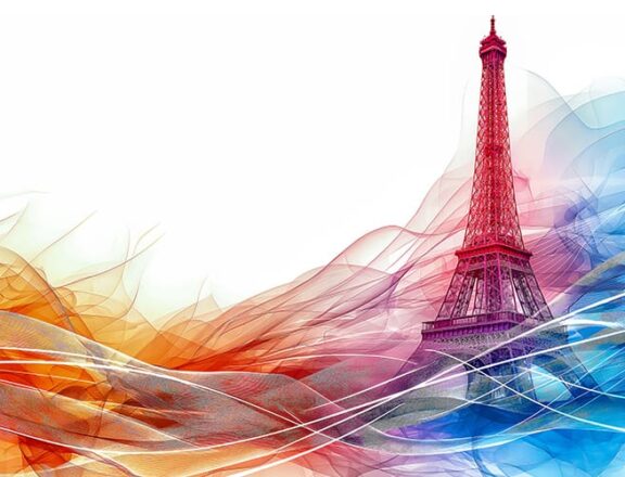 Depiction of the eiffel tower, representing a diverse selection of colours for the Paris Onlympics 2024