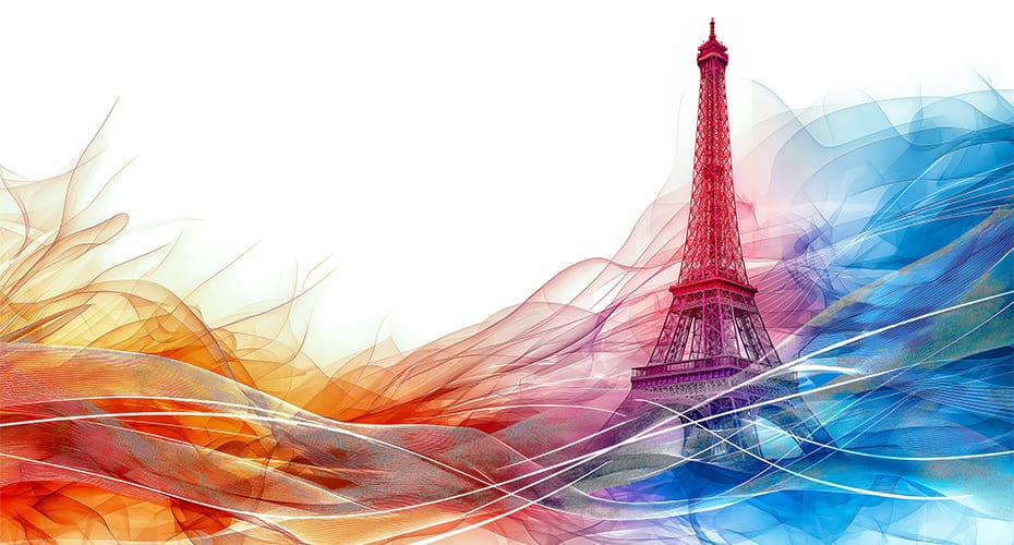 Depiction of the eiffel tower, representing a diverse selection of colours for the Paris Onlympics 2024