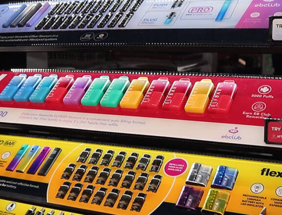 An in-store display of Lost Mary, Elf Bar, and VLTZ vapes and pods.