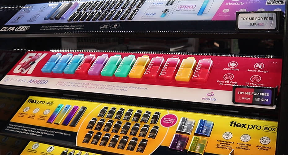 An in-store display of Lost Mary, Elf Bar, and VLTZ vapes and pods.