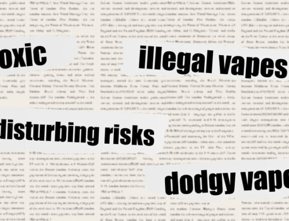 An Image of a newspaper page with large headlines overprinted on the smaller text. The large words read, toxic, illegal vapes, disturbing risks, dodgy vapes.
