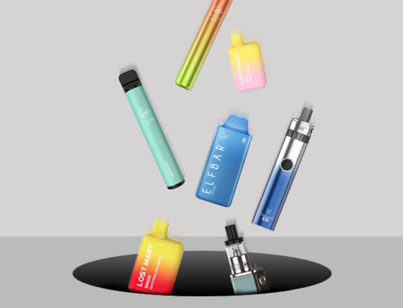 Elf Bars, Lost Mary vape and vape pens are falling into a black hole in a grey surface.
