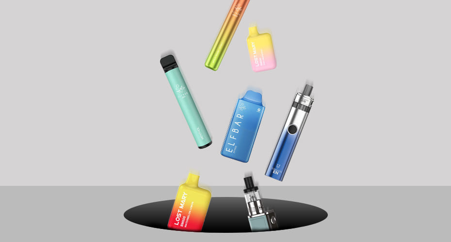 Elf Bars, Lost Mary vape and vape pens are falling into a black hole in a grey surface.