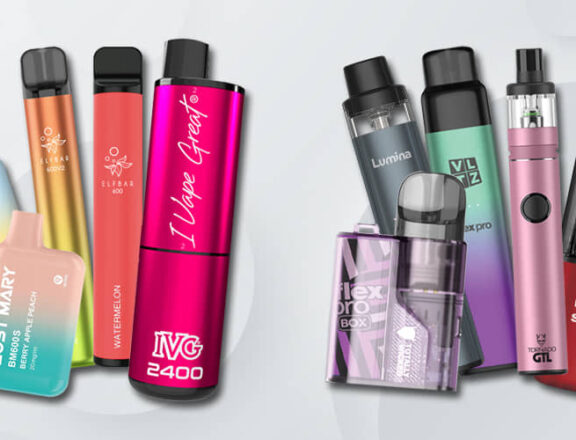 Two collections of different vape kits with disposable vapes on the left and refillable kits on the right. On the left is a group of disposable vapes including a Lost Mary BM600 Pineapple Ice, Lost Mary BM600 Strawberry Kiwi, and Elf Bar 600 V2, Elf bar 600 in Watermelon and IVG Pink Edition. n the right is a grey Lumina, Purple VLTZ flex Pro Box and purple/green gradient flex Pro Bar, a pink Tornado GTL and red VLTX X-Spin