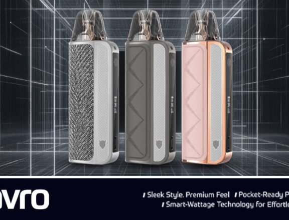 Three Marvo Vape Kits stand against a backdrop of a three-dimensional grid, lit with blue lines. From left to right, the vape kits are silver, dark grey, and rose gold. Each has a clear pod at the top for e-liquid and a textured pattern on the front. Below the vapes, the brand name Mavro is in white text.
