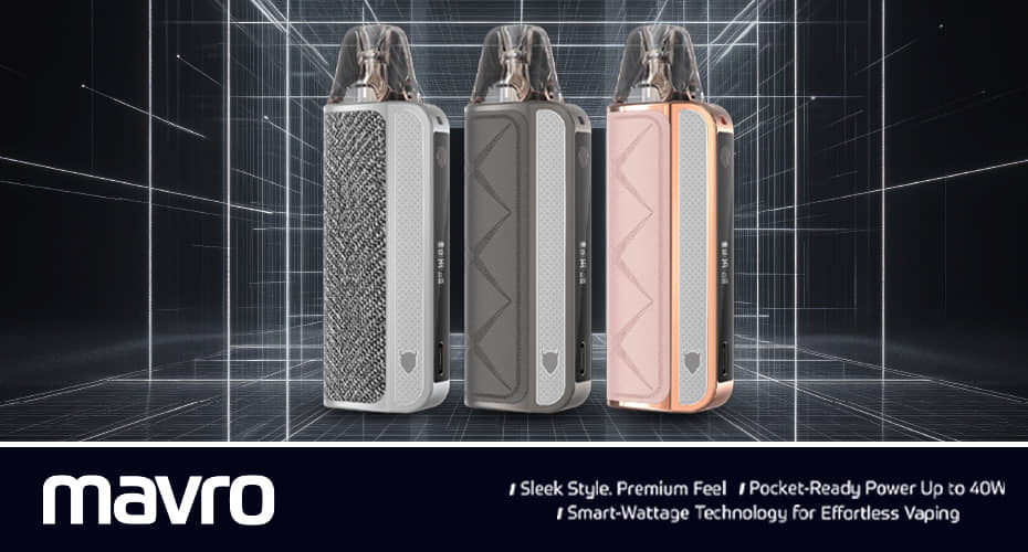 Three Marvo Vape Kits stand against a backdrop of a three-dimensional grid, lit with blue lines. From left to right, the vape kits are silver, dark grey, and rose gold. Each has a clear pod at the top for e-liquid and a textured pattern on the front. Below the vapes, the brand name Mavro is in white text.