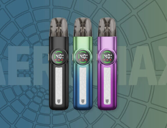 Three Aeromax vape kits lined up, with visable LCD displays. Left is black, middle is blue/green, while the vape kit on the right is purple. The word 'AEROMAX' is displayed behind the vape pens against a blue/green gradient grid background.