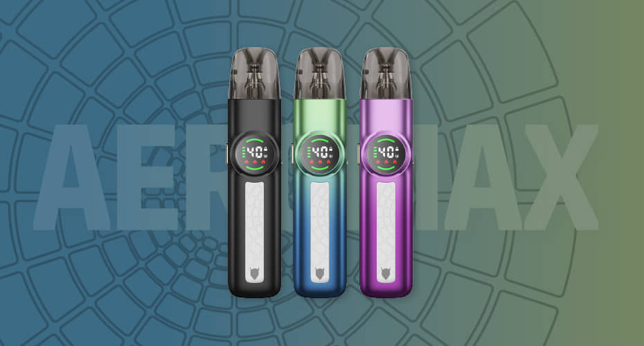 Three Aeromax vape kits lined up, with visable LCD displays. Left is black, middle is blue/green, while the vape kit on the right is purple. The word 'AEROMAX' is displayed behind the vape pens against a blue/green gradient grid background.