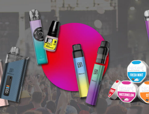 vaping at festivals 2026 collection of vape products on a transparent grey festival background