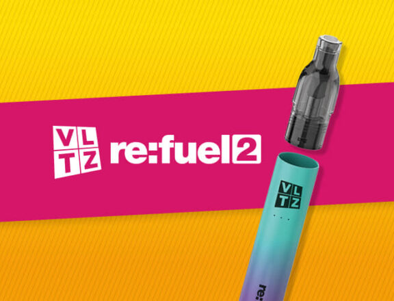 A VLTZ re:fuel 2 with the refillable pod detached at the top against a yellow background with a pink band across the midsection of the image. The VLTZ log and re:fuel 2 is written across the pink band.