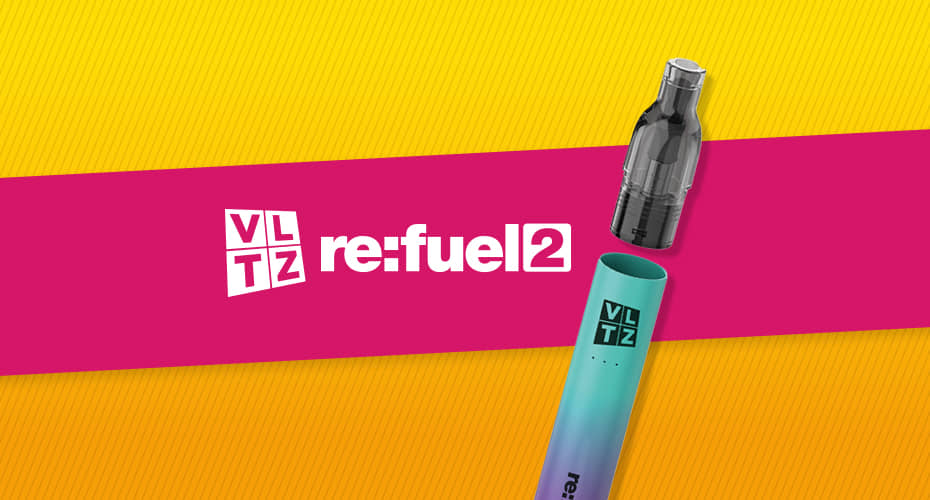 A VLTZ re:fuel 2 with the refillable pod detached at the top against a yellow background with a pink band across the midsection of the image. The VLTZ log and re:fuel 2 is written across the pink band.
