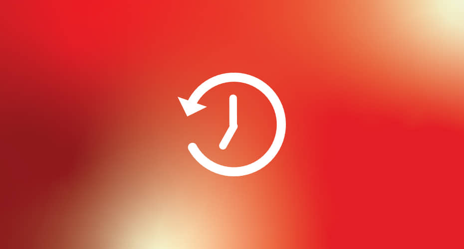 An icon representing 'History' or 'Recent Activity', depicted as a white clock face with a counter-clockwise arrow on a red and orange gradient background.