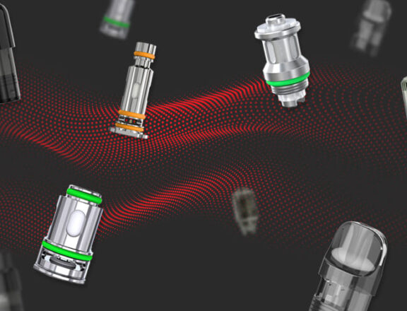 An image showing a variety of different vape coils scattered against a dark background with flowing red lines. The image has a blue border and a white checkmark icon in the top-right corner.