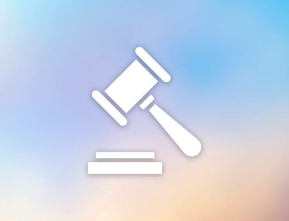 A white icon of a judge's gavel and sounding block set against a gradient background. The image symbolizes law, legislation, and regulations.