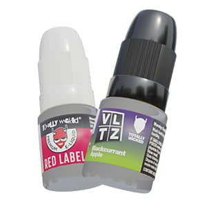 Red Label and VLTZ e-liquid bottles floating on a white background
